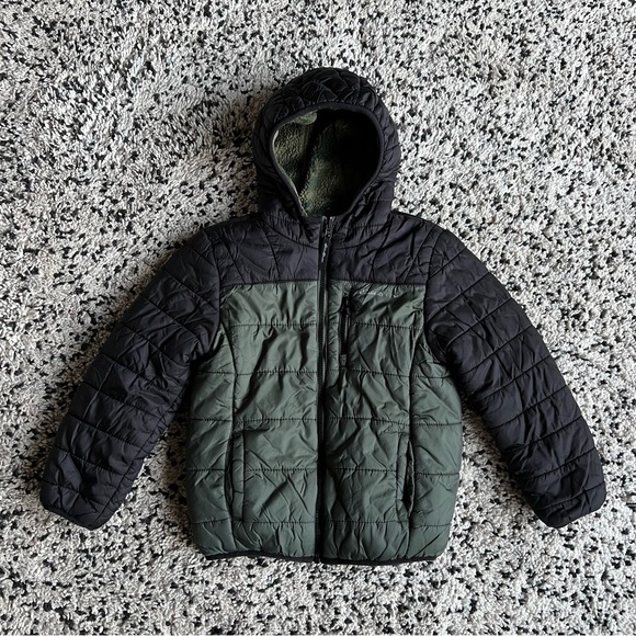 Eddie Bauer Reversible Puff Fleece Jacket Kids Dark Green Black Full Zip Youth - Picture 1 of 16